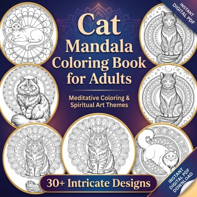 Cat Mandala Coloring Book for Adults – Intricate Feline Designs for Relaxation and Meditation, Printable PDF