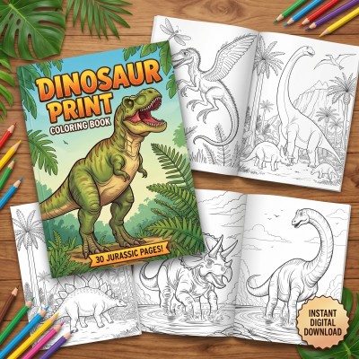 Dinosaur Print Coloring Book from Jurassic Period – Realistic Ancient World Art, PDF Download