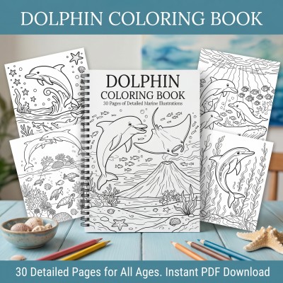 Dolphin Coloring Pages – Ocean Animals Gift for Kids and Adults, Dolphin Illustration Art PDF