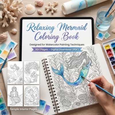 Relaxing Mermaid Coloring Book – Beautiful Ocean Fantasy Art for Adults, Printable PDF