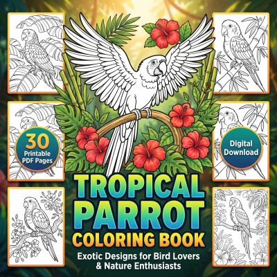 Tropical Parrot Coloring Pages for Kids – Fun Bird Designs and Rainforest Scenes, Digital Download