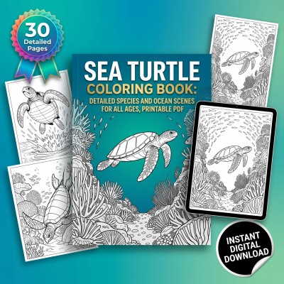 Sea Turtle Coloring Book: Detailed Species and Ocean Scenes for All Ages, Printable PDF