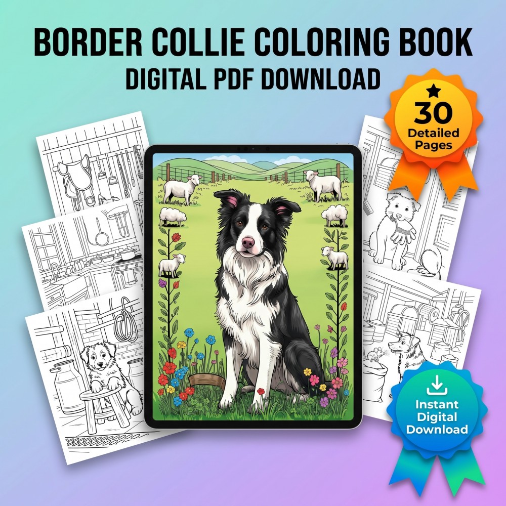 A printable adult coloring page featuring a detailed portrait of a Border Collie herding dog.