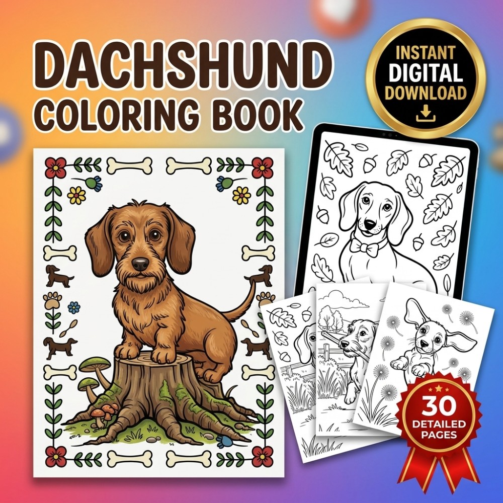 A printable adult coloring page featuring a Dachshund wiener dog portrait.