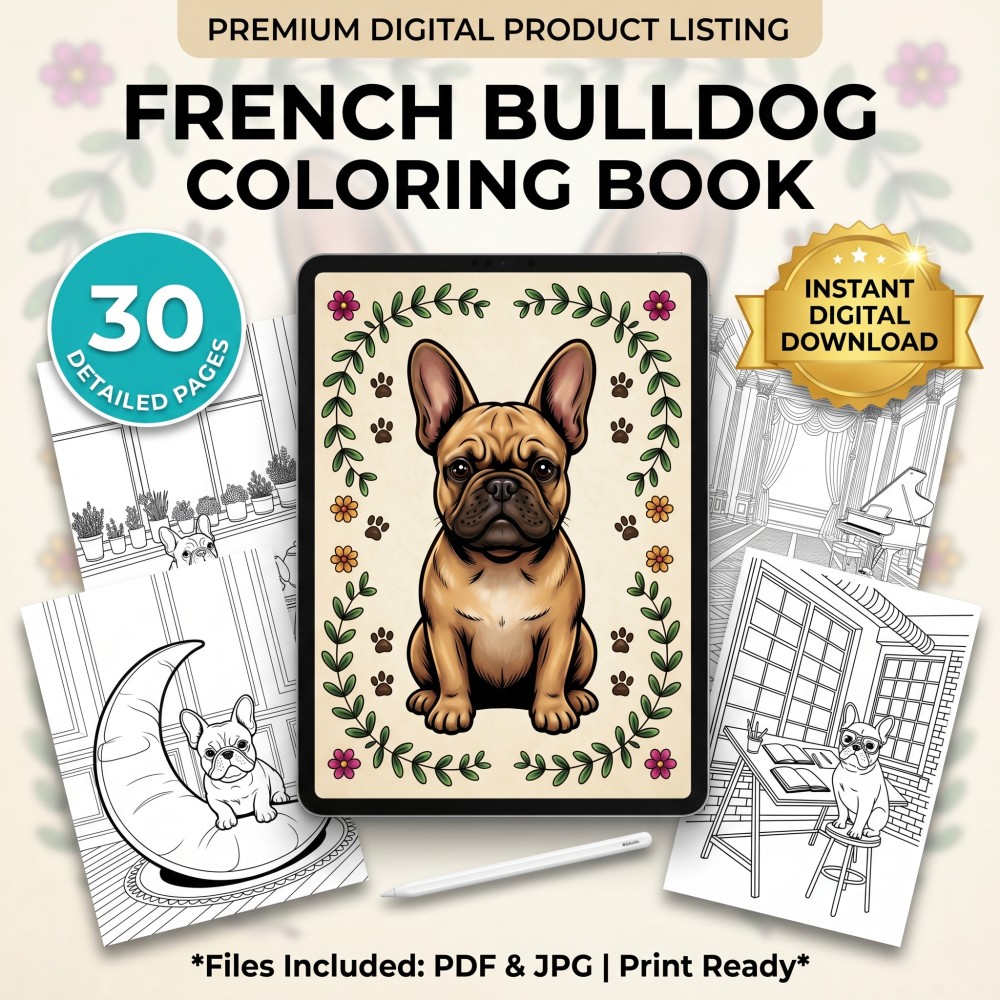 A printable adult coloring page featuring a detailed portrait of a French Bulldog.