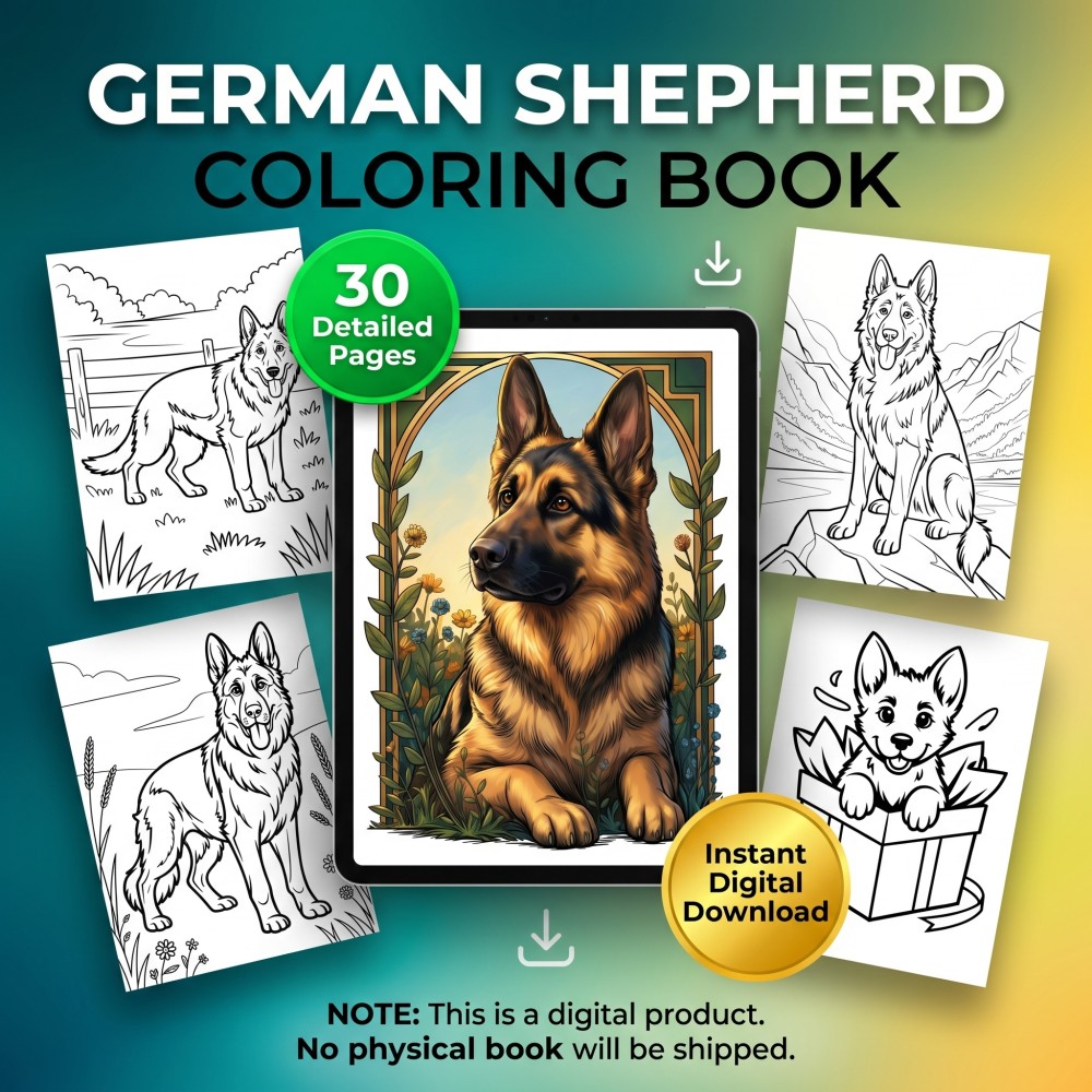 A printable adult coloring page featuring a realistic portrait of a German Shepherd.