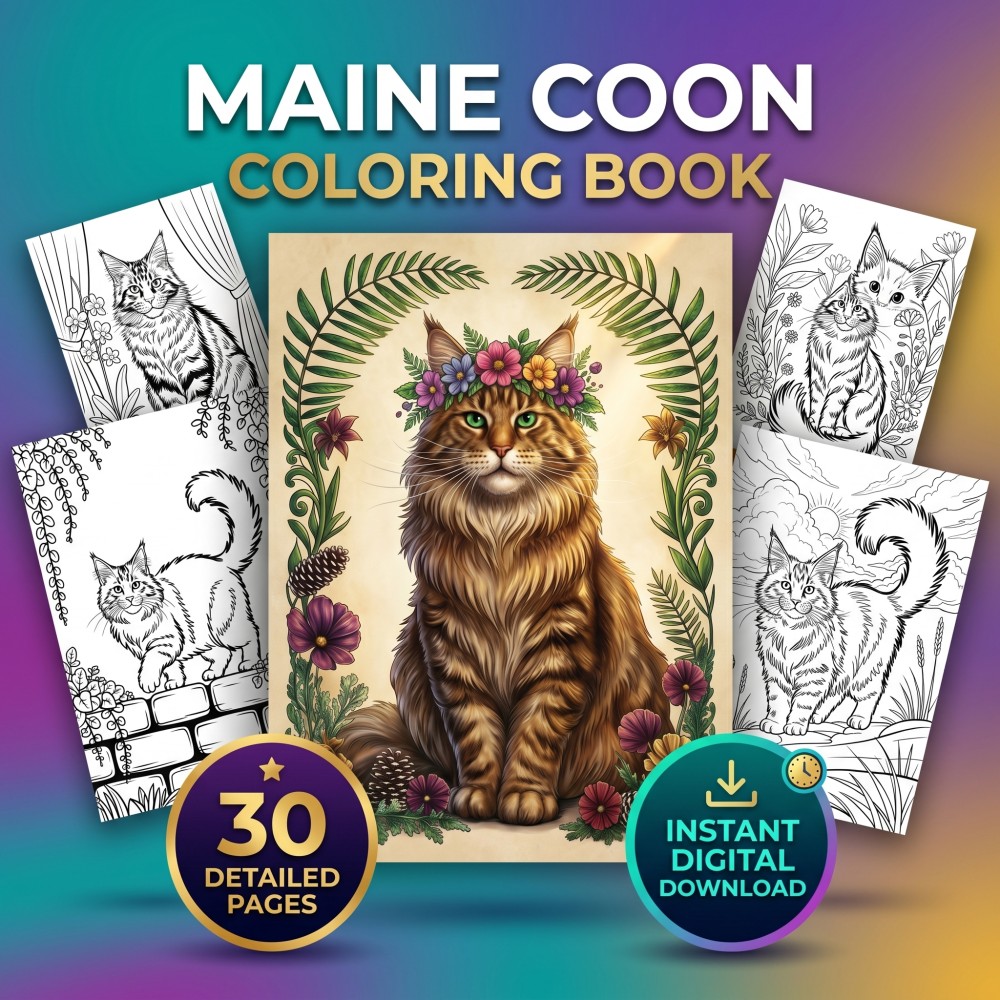 A printable adult coloring page featuring a majestic portrait of a Maine Coon cat.