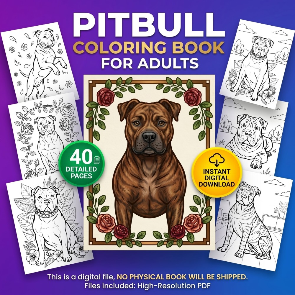A printable adult coloring page featuring a realistic portrait of a Pitbull dog.