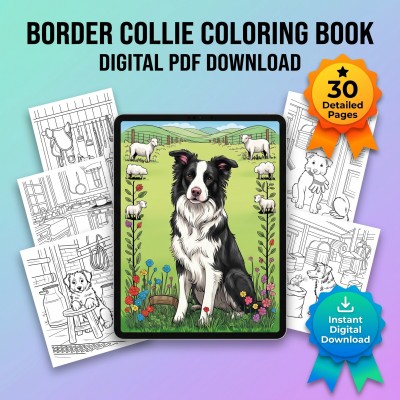Border Collie Coloring Book – Herding Dog Portraits for Adults, Printable Coloring Pages Download