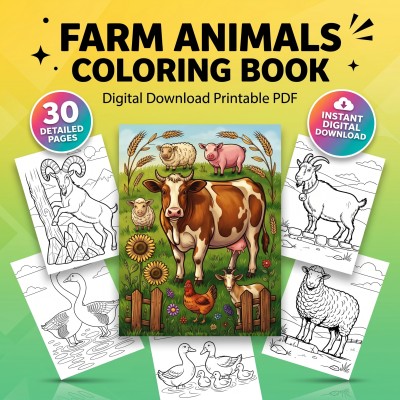Farm Animals Coloring Book – Realistic Cow Pig Sheep Goat Chicken Adult Printable Pages Download