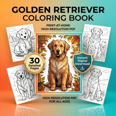 Golden Retriever Coloring Book – Realistic Dog Portraits for Adults, Printable Digital Download Pages