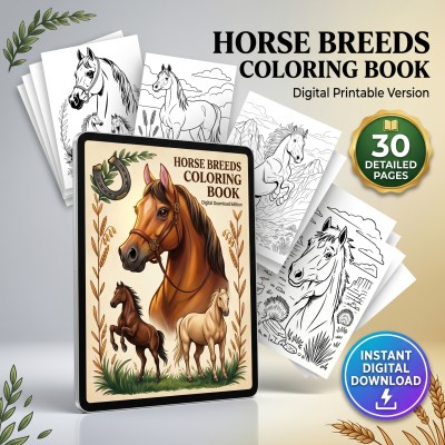 Horse Breeds Coloring Book – Realistic Equine Portraits Arabian Mustang Adult Printable Pages