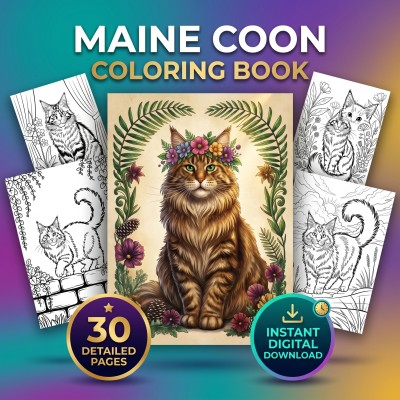 Maine Coon Coloring Book – Majestic Cat Portraits for Adults, Printable Coloring Pages Digital Download