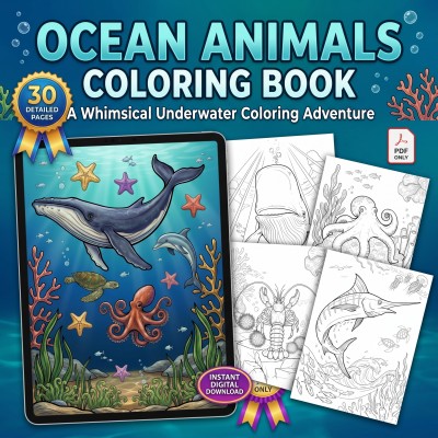 Ocean Animals Coloring Book – Whale Dolphin Sea Turtle Octopus Adult Printable Coloring Pages