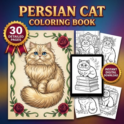 Persian Cat Coloring Book – Fluffy Long Hair Cat Portraits, Adult Printable Coloring Pages Download