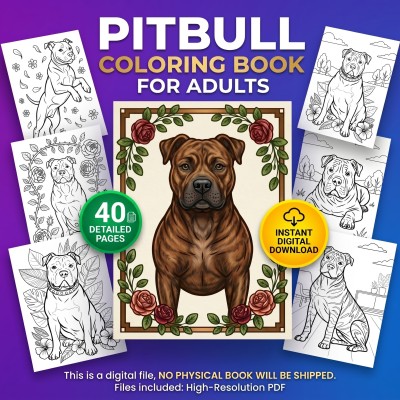 Pitbull Coloring Book for Adults – Realistic Pit Bull Dog Portraits, Printable Pages, Digital Download