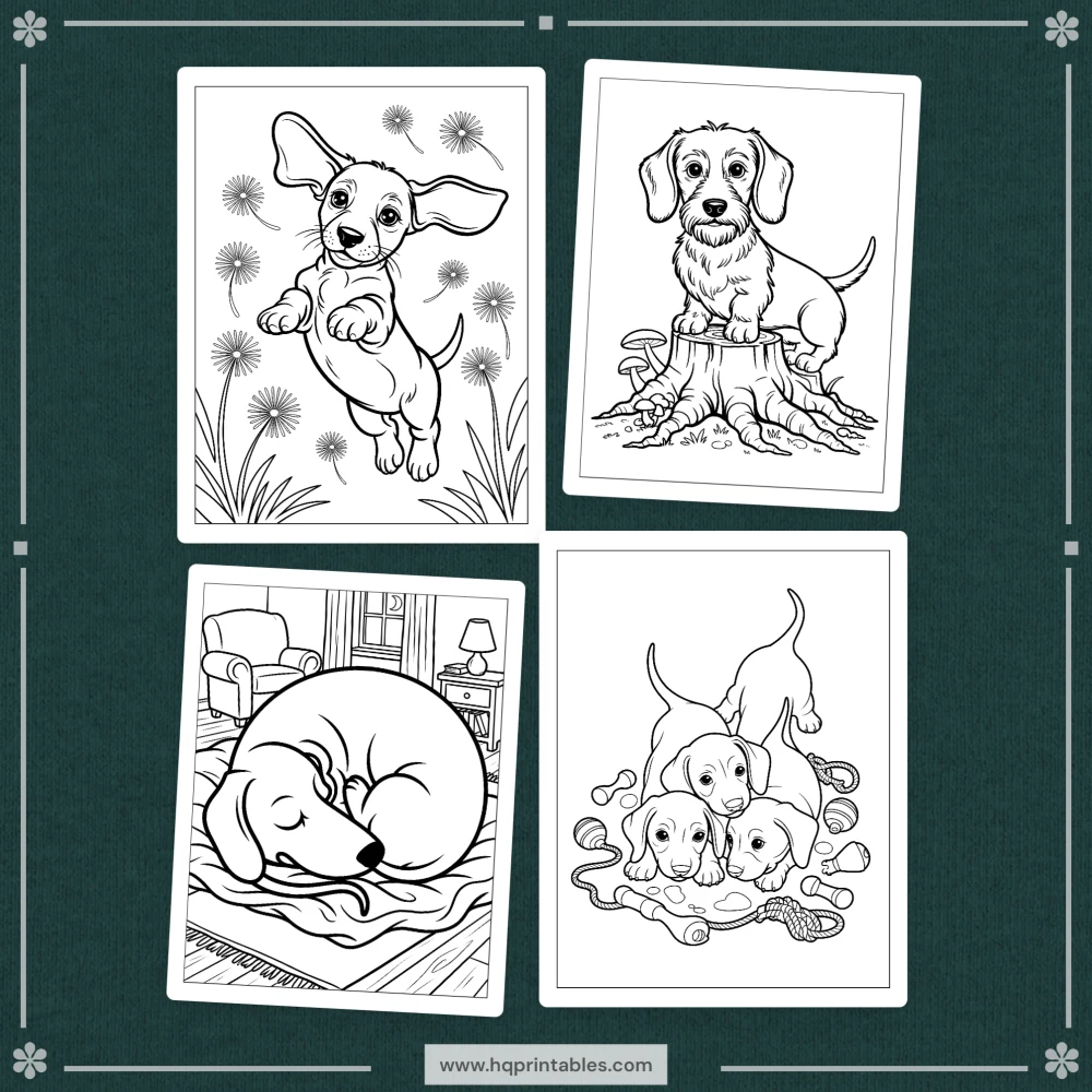 A printable adult coloring page featuring a Dachshund wiener dog portrait.