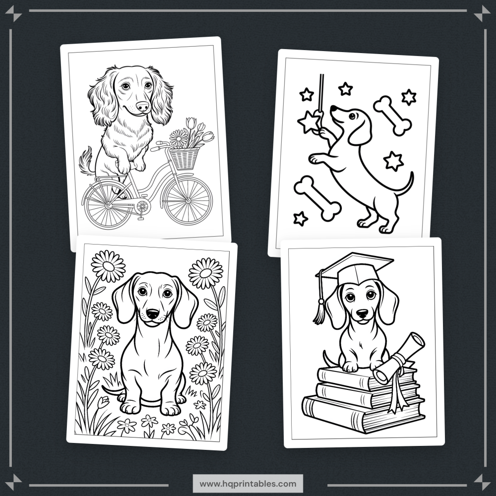 A printable adult coloring page featuring a Dachshund wiener dog portrait.