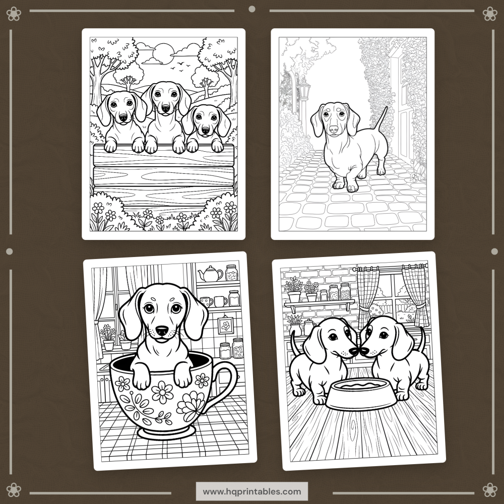 A printable adult coloring page featuring a Dachshund wiener dog portrait.