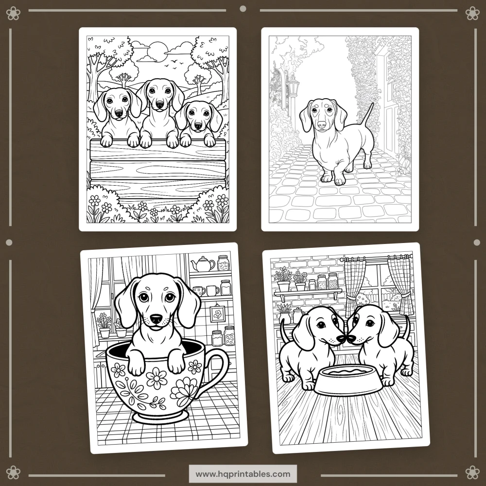 A printable adult coloring page featuring a Dachshund wiener dog portrait.