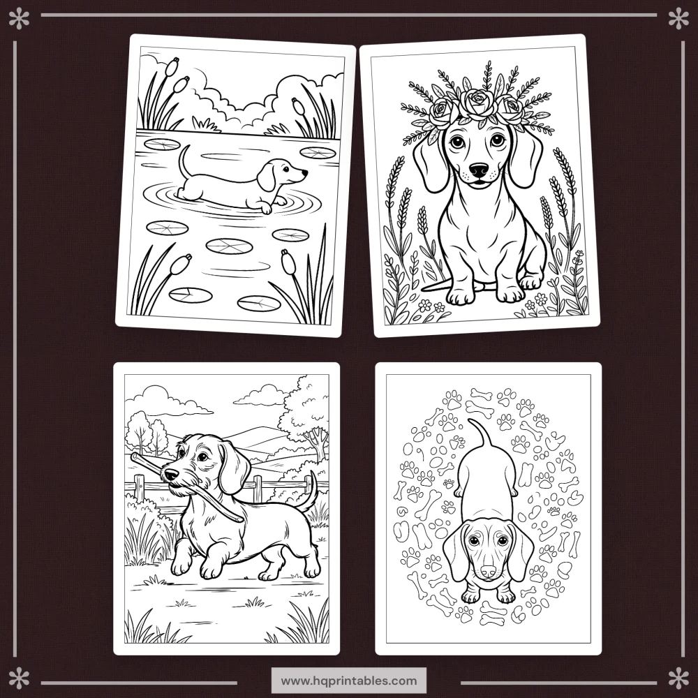 A printable adult coloring page featuring a Dachshund wiener dog portrait.