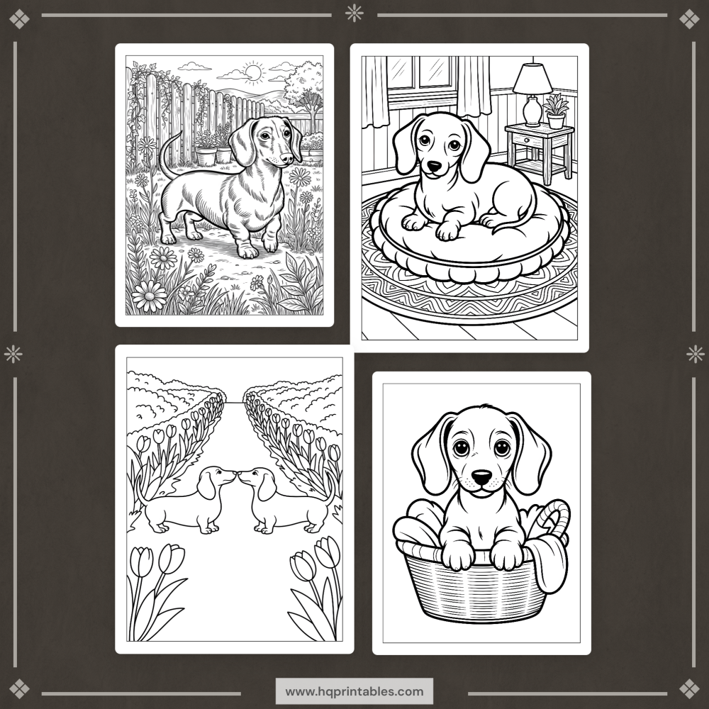 A printable adult coloring page featuring a Dachshund wiener dog portrait.