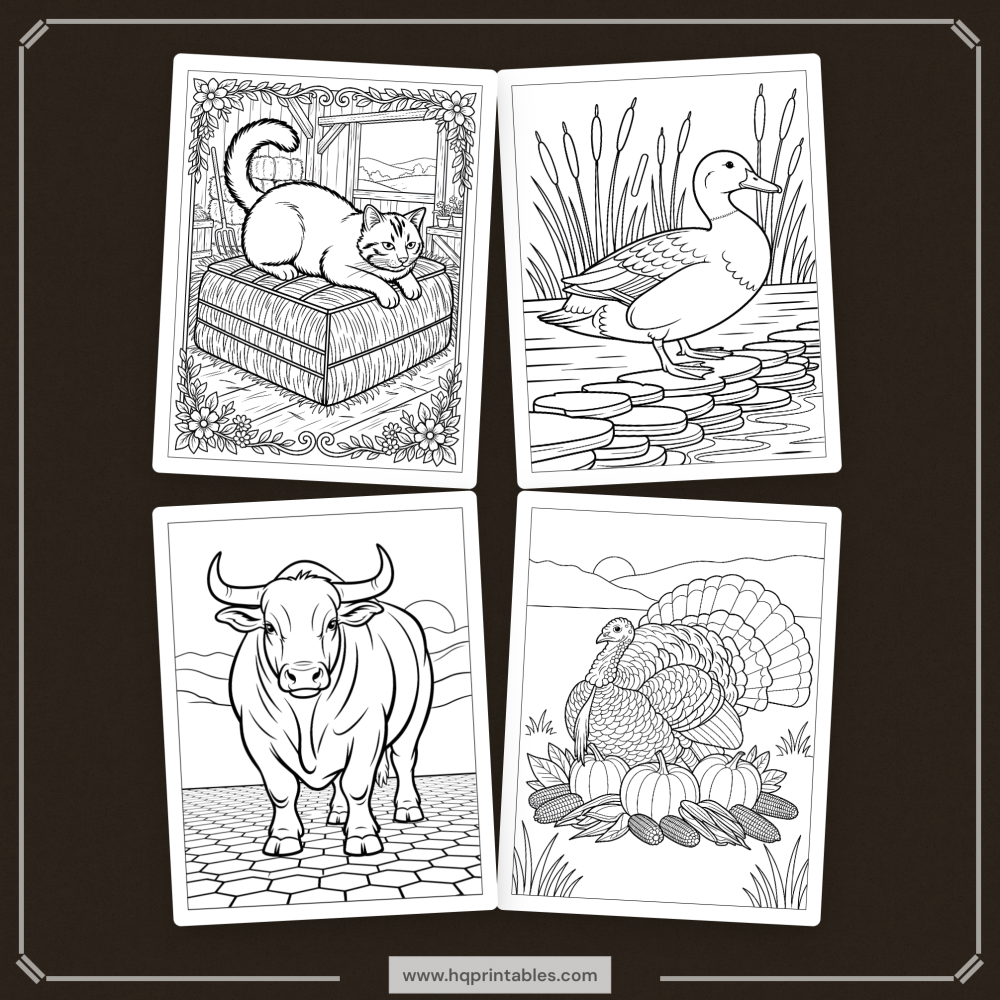 A printable adult coloring page featuring realistic farm animals including a cow, pig, sheep, goat, and chicken.