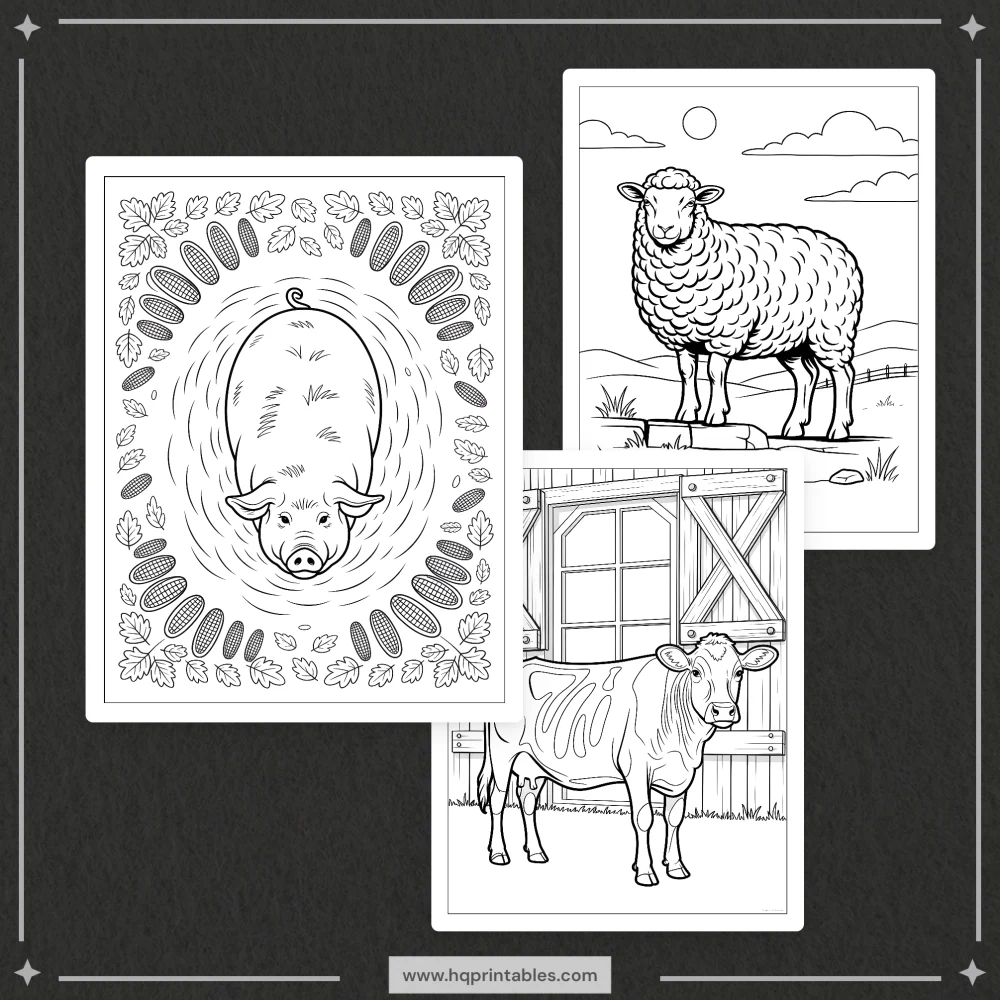 A printable adult coloring page featuring realistic farm animals including a cow, pig, sheep, goat, and chicken.