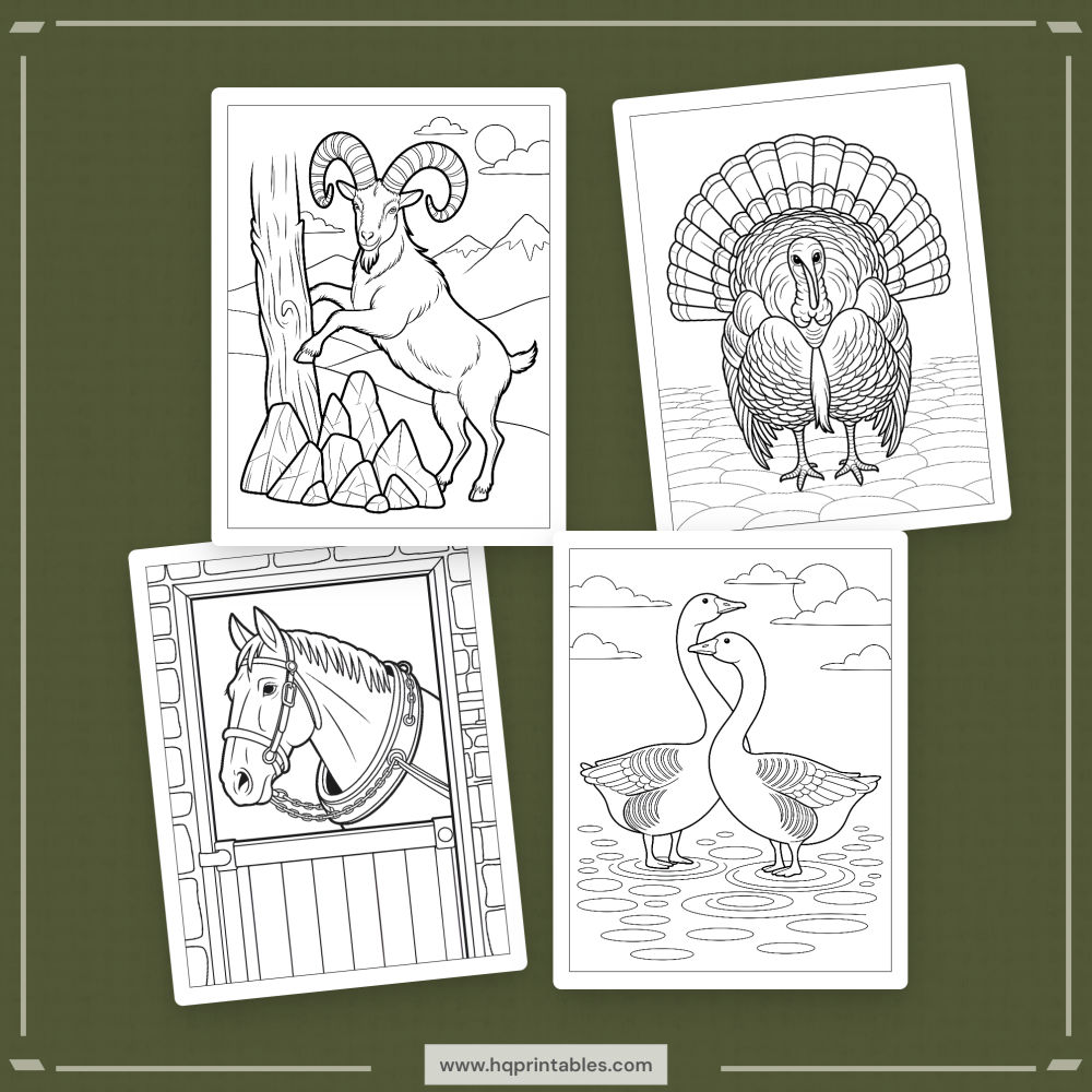 A printable adult coloring page featuring realistic farm animals including a cow, pig, sheep, goat, and chicken.