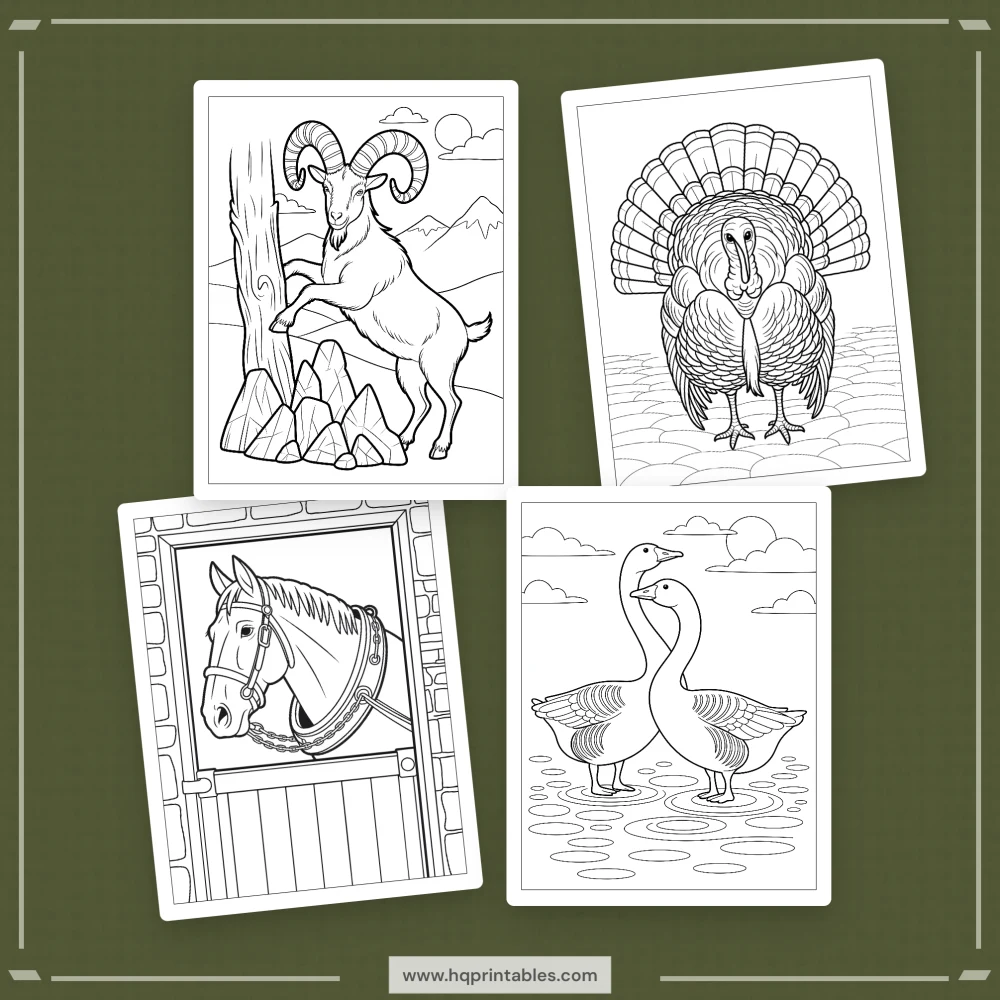 A printable adult coloring page featuring realistic farm animals including a cow, pig, sheep, goat, and chicken.