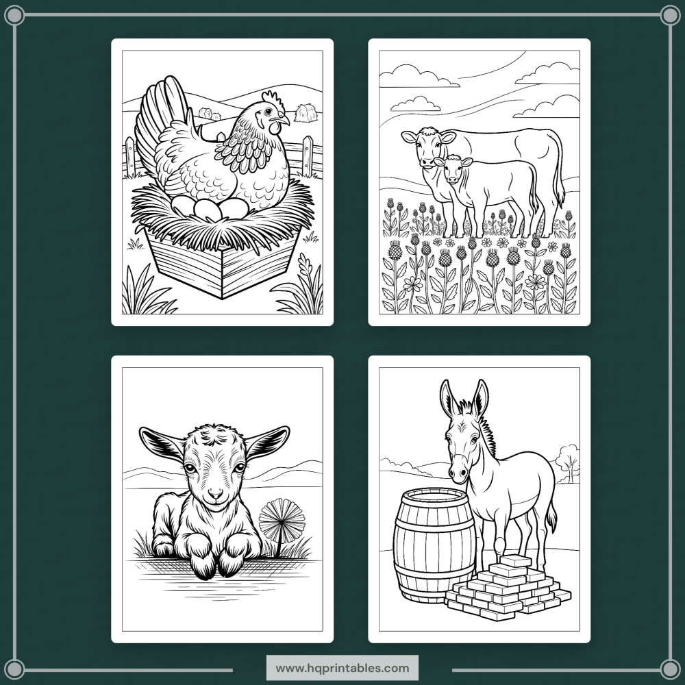 A printable adult coloring page featuring realistic farm animals including a cow, pig, sheep, goat, and chicken.