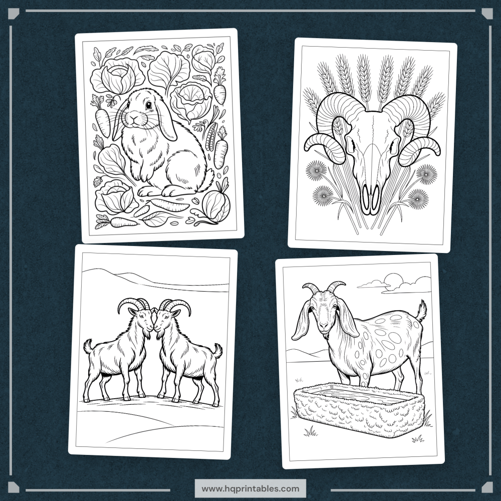 A printable adult coloring page featuring realistic farm animals including a cow, pig, sheep, goat, and chicken.