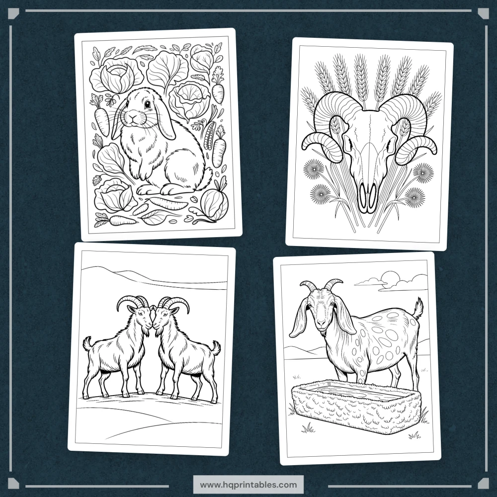 A printable adult coloring page featuring realistic farm animals including a cow, pig, sheep, goat, and chicken.