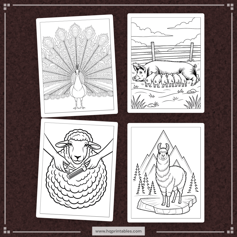 A printable adult coloring page featuring realistic farm animals including a cow, pig, sheep, goat, and chicken.