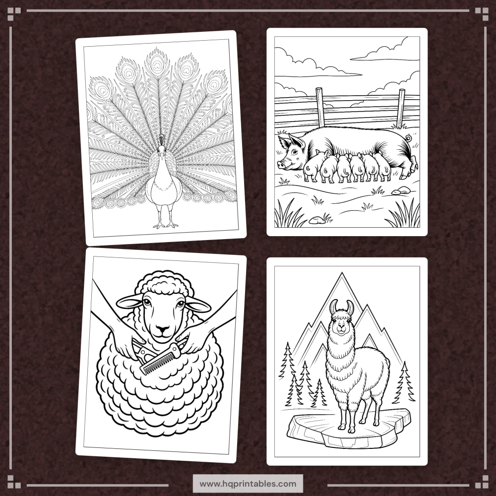 A printable adult coloring page featuring realistic farm animals including a cow, pig, sheep, goat, and chicken.