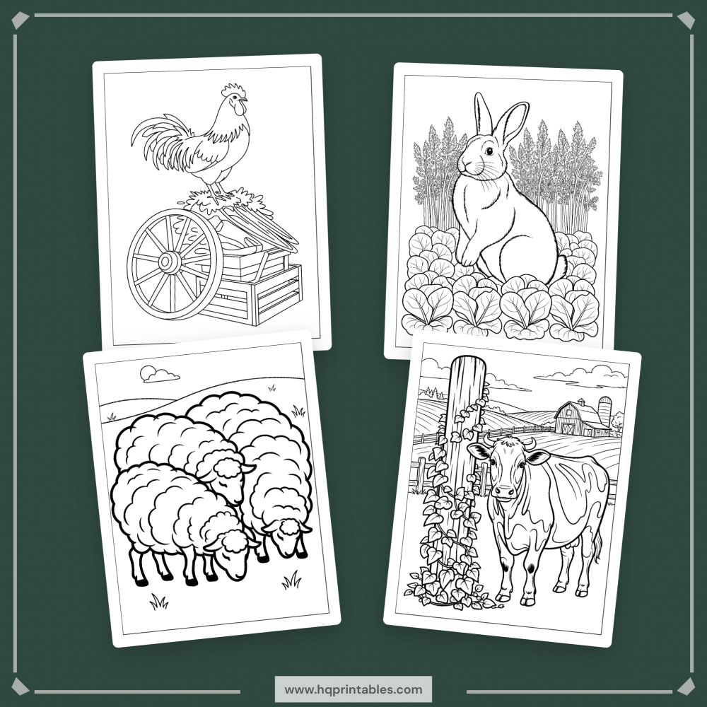 A printable adult coloring page featuring realistic farm animals including a cow, pig, sheep, goat, and chicken.