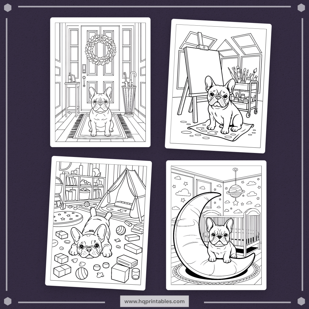A printable adult coloring page featuring a detailed portrait of a French Bulldog.