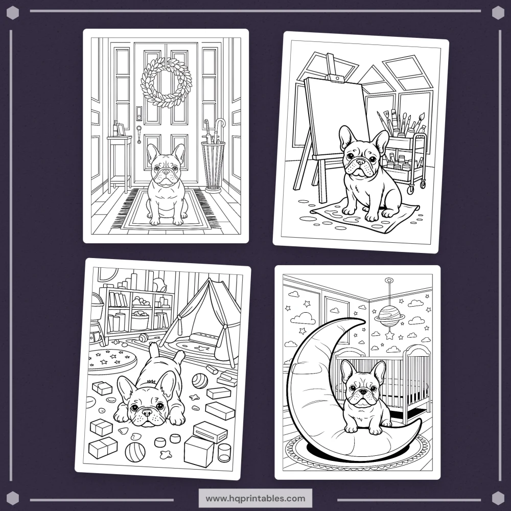 A printable adult coloring page featuring a detailed portrait of a French Bulldog.