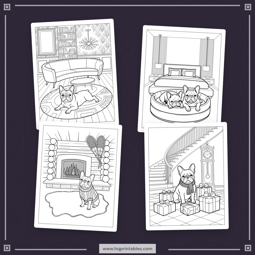 A printable adult coloring page featuring a detailed portrait of a French Bulldog.