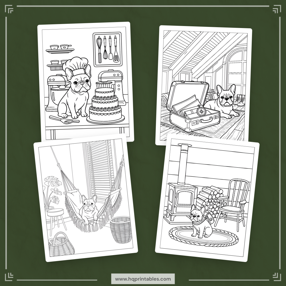 A printable adult coloring page featuring a detailed portrait of a French Bulldog.