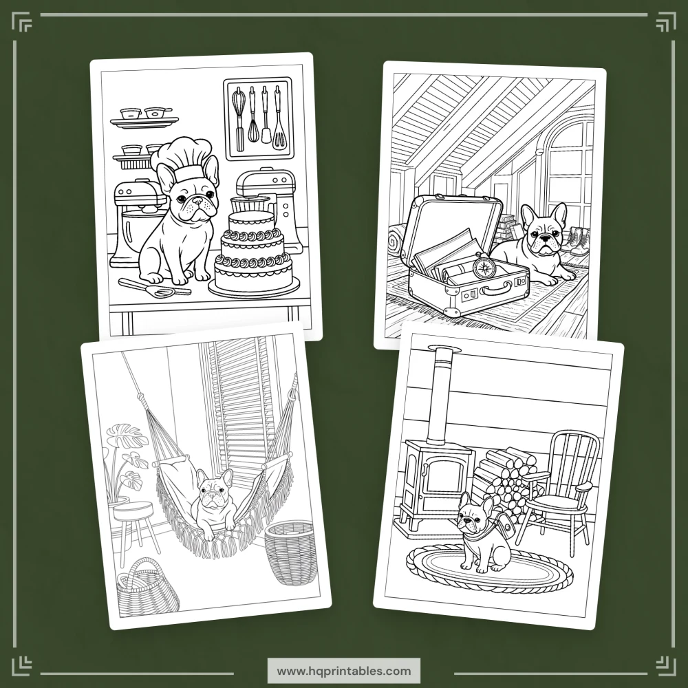 A printable adult coloring page featuring a detailed portrait of a French Bulldog.