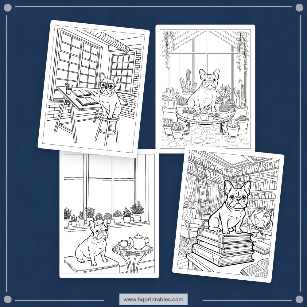 A printable adult coloring page featuring a detailed portrait of a French Bulldog.