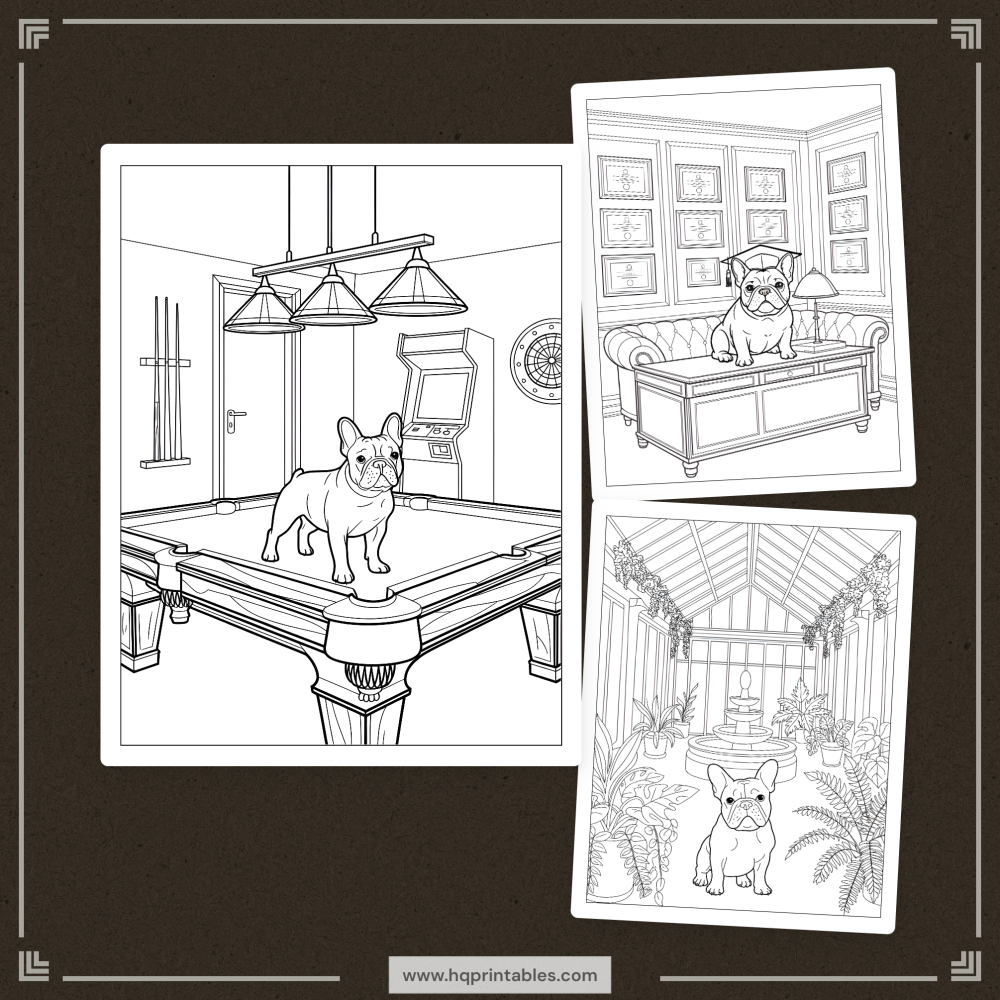 A printable adult coloring page featuring a detailed portrait of a French Bulldog.