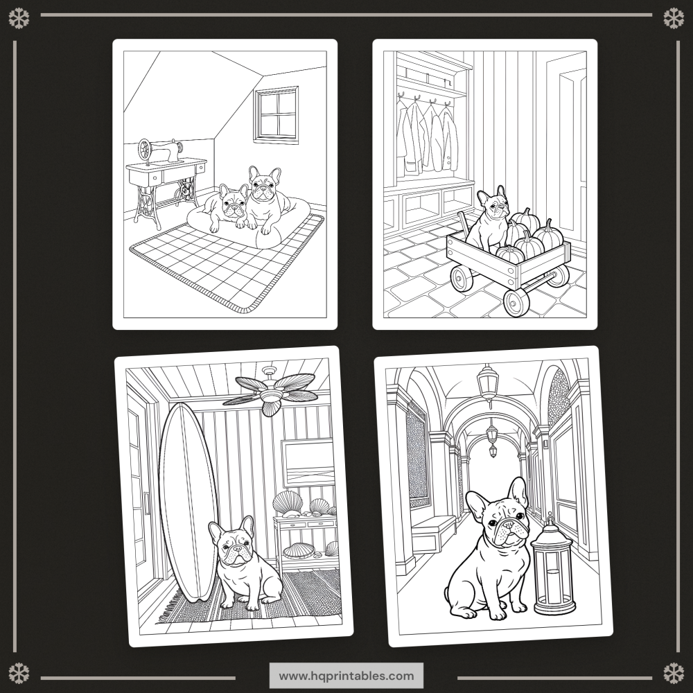 A printable adult coloring page featuring a detailed portrait of a French Bulldog.