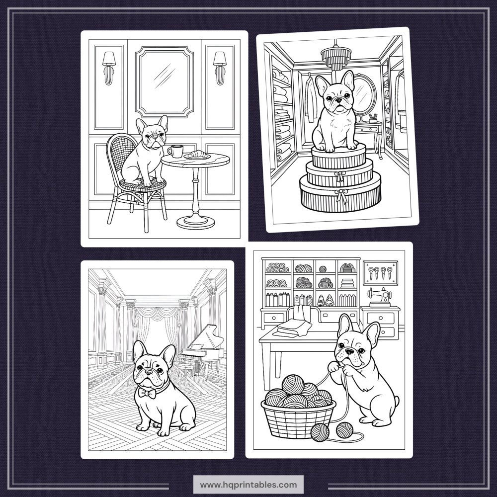 A printable adult coloring page featuring a detailed portrait of a French Bulldog.