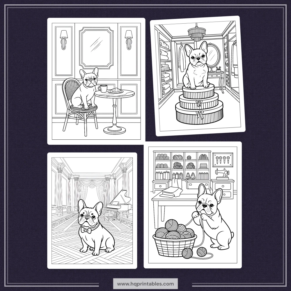A printable adult coloring page featuring a detailed portrait of a French Bulldog.