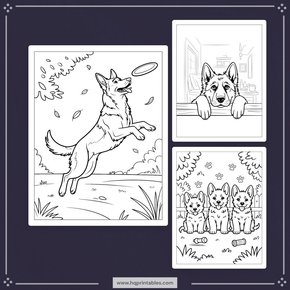 A printable adult coloring page featuring a realistic portrait of a German Shepherd.