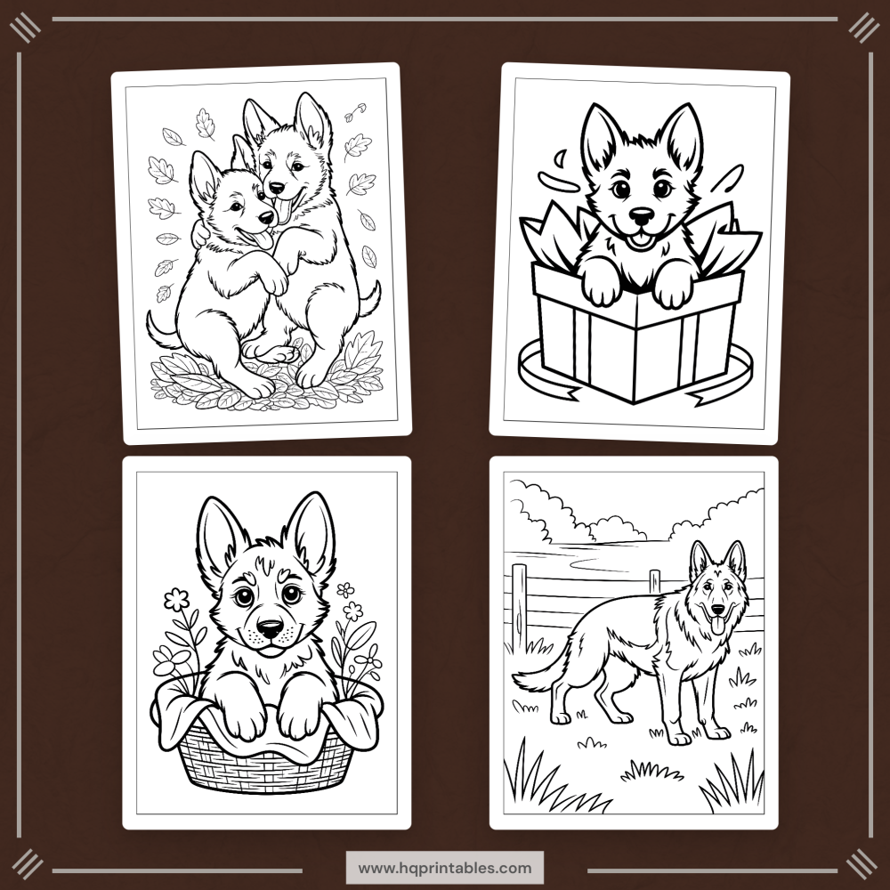A printable adult coloring page featuring a realistic portrait of a German Shepherd.