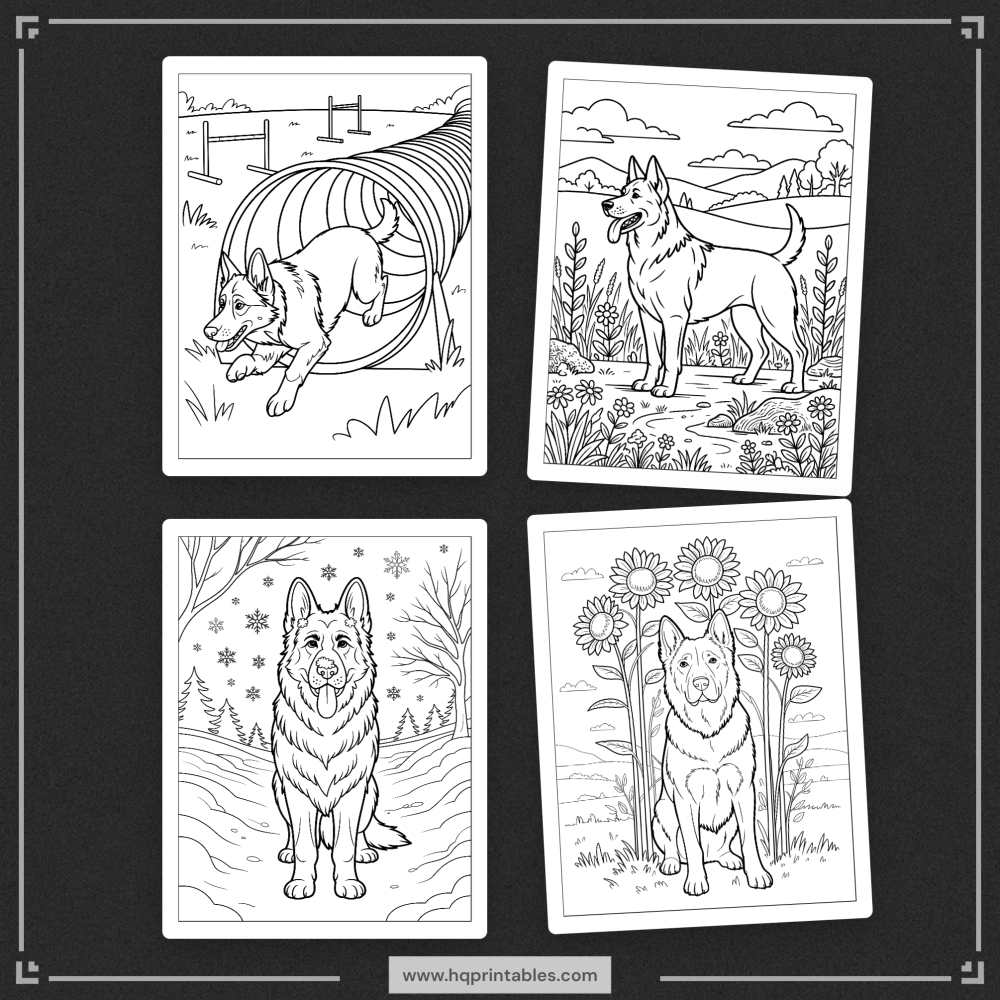 A printable adult coloring page featuring a realistic portrait of a German Shepherd.