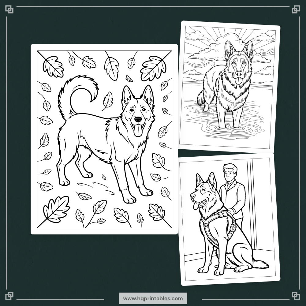 A printable adult coloring page featuring a realistic portrait of a German Shepherd.